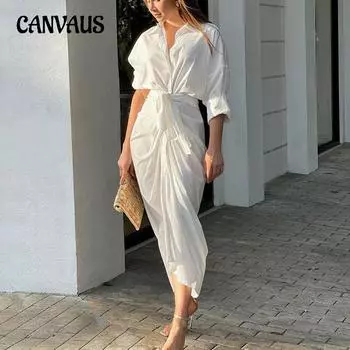 Весенне-осенние женские платья, модные однотонные платья-рубашки средней длины с длинными рукавами S белый