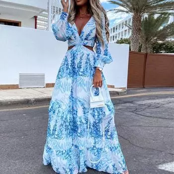 Весенне-осенние женские платья с открытой талией и цветочным принтом, повседневное длинное платье с v-образным вырезом и длинным рукавом с рюшами S светло-синий