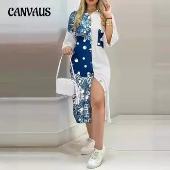 Весенне-осенние женские платья с принтом и карманами на пуговицах, платья-рубашки с длинными рукавами, длинные платья S белый/синий