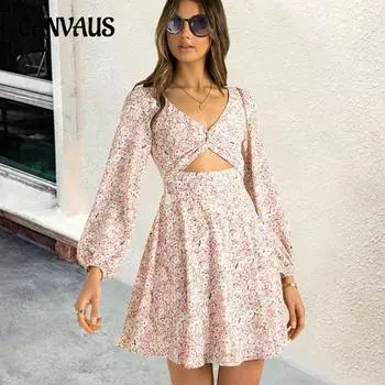 Весенне-осенние женские платья с принтом и v-образным вырезом, витые платья с длинными рукавами, модные короткие платья S белый