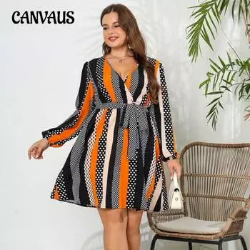 Весенне-осенние женские платья с v-образным вырезом и галстуком, платья больших размеров 1XL разноцветный