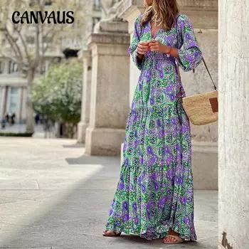 Весенне-осенние женские платья с v-образным вырезом и богемным принтом, свободные платья S зелёный