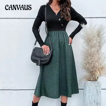 Весенне-осенние женские платья в стиле пэчворк, платья трапециевидной формы с длинными рукавами S мох зеленого