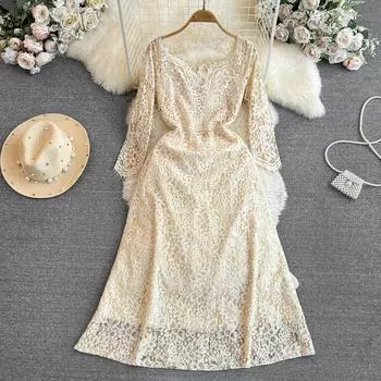 Весенне-осенние женские повседневные кружевные платья с v-образным вырезом и длинными рукавами до середины икры S бежевый