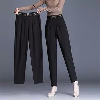 Весенне-осенние женские повседневные модные брюки с высокой талией в стиле Харадзюку, однотонные элегантные свободные брюки, офисные женские простые брюки, уличная одежда XXXXL чёрный