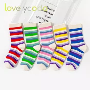 Весенне-осенние женские повседневные носки средней длины из чистого хлопка в полоску One Size