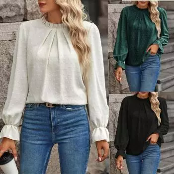 Весенне-осенние женские пышные блузки с длинными рукавами, элегантные однотонные топы с оборками и воротником-стойкой L белый