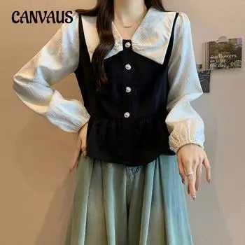 Весенне-осенние женские рубашки больших размеров, повседневная рубашка с кукольным воротником, темпераментная жаккардовая блузка с длинными рукавами L чёрный