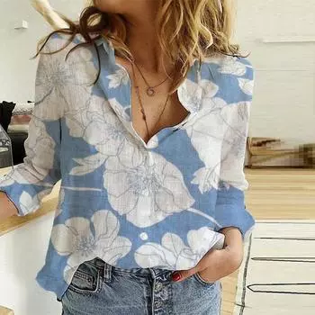 Весенне-осенние женские рубашки на пуговицах с цветочным принтом и длинными рукавами, топы больших размеров, хлопковые льняные блузки S зелёный