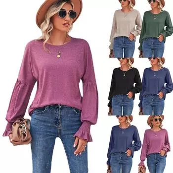 Весенне-осенние женские рубашки, однотонная рубашка, повседневная одежда, топы с длинными рукавами для женщин, топ с круглым вырезом, женские топы S армия зеленый