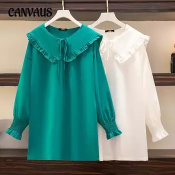 Весенне-осенние женские рубашки, топы с длинными рукавами, модная свободная темно-синяя блузка с воротником больших размеров 2XL белый