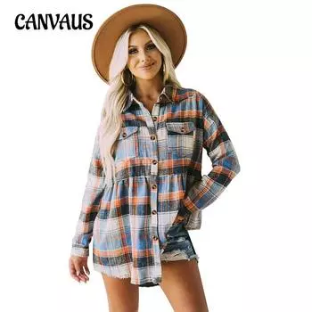 Весенне-осенние женские рубашки-топы с карманами и откидными карманами, повседневная клетчатая рубашка, топы с длинными рукавами S оранжевый