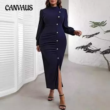 Весенне-осенние женские сексуальные платья больших размеров, однотонные, темпераментные платья с пуговицами на бедрах 0XL синий