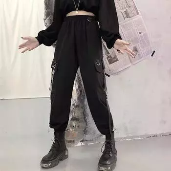 Весенне-осенние женские шаровары женские черные повседневные брюки в стиле хип-хоп для бега, модные повседневные уличные брюки размера плюс S чёрный