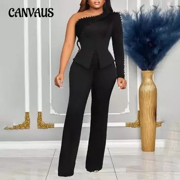 Весенне-осенние женские топы и брюки, комплекты с наклонными плечами и бисером, костюм из двух предметов большого размера S чёрный