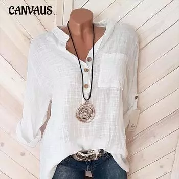 Весенне-осенние женские топы, однотонная хлопково-льняная блузка на пуговицах с V-образным вырезом, топы с карманами больших размеров 5XL белый