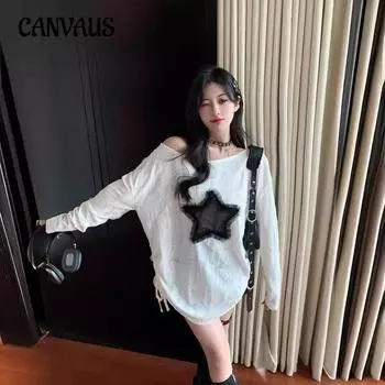 Весенне-осенние женские топы с длинными рукавами, свободные топы с круглым вырезом в ленивом стиле больших размеров со звездой и нашивкой L белый