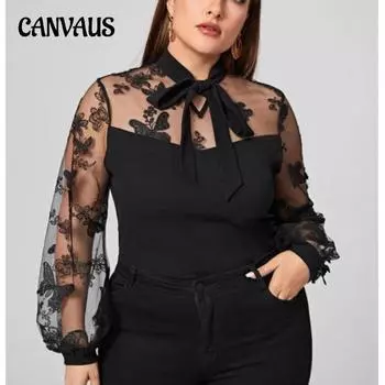 Весенне-осенние женские топы с длинными рукавами, однотонная сетчатая блузка с завязками больших размеров 0XL чёрный