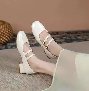 Весенне-осенние женские туфли Мэри Джейн с двойной пряжкой, лакированная кожа, платье, квадратный носок, квадратный каблук, однотонные женские туфли 35 бежевый