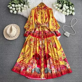 Весенне-осенние женские винтажные платья для подиума с дворцовым принтом, однобортное свободное вечернее платье с рукавами-фонариками и воротником-стойкой S жёлтый