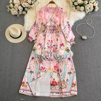 Весенне-осенние женские винтажные вечерние платья с дворцовым принтом и V-образным вырезом, длинные макси-платья с эластичной резинкой на талии M розовый
