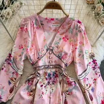 Весенне-осенние женские винтажные вечерние платья с дворцовым принтом и V-образным вырезом, длинные макси-платья с эластичной резинкой на талии M розовый