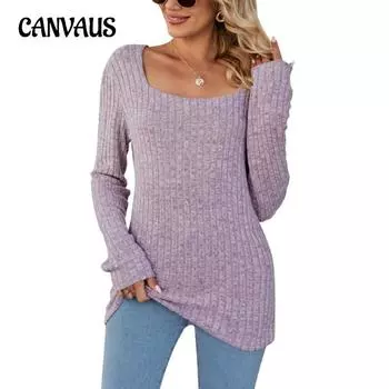 Весенне-осенние женские вязаные топы с квадратным вырезом в полоску, повседневные топы с длинными рукавами, блузка S чёрный