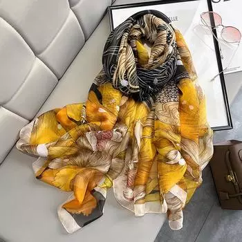 Весенне-осенний большой шелковый шарф с принтом, женский платок, летний солнцезащитный пляжный шарф жёлтый