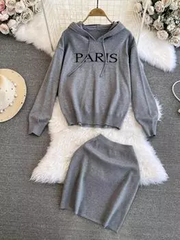 Весенне-осенний бренд-дизайнер, наряды для подиума, женский вязаный свитер, толстовка с капюшоном и мини-короткая юбка-футляр, комплект из двух предметов One Size хаки