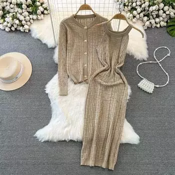 Весенне-осенний брендовый дизайнерский наряд для подиума, женский вязаный свитер, платье-футляр миди и однобортный пиджак, пальто, комплект из двух предметов One Size чёрный