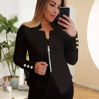 Весенне-осенний деловой костюм, пальто с зубчатым воротником и длинными рукавами на молнии, пиджак, однотонная приталенная верхняя одежда 3XL чёрный