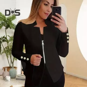 Весенне-осенний деловой костюм, пальто с зубчатым воротником и длинными рукавами на молнии, пиджак, однотонная приталенная верхняя одежда 3XL чёрный