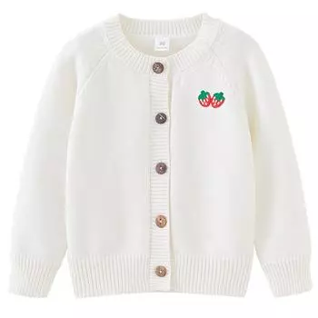 Весенне-осенний детский свитер, куртка с длинным рукавом, из чистого хлопка, с клубничным принтом, с круглым вырезом, вязаный кардиган для девочки, шерстяной топ 90cm