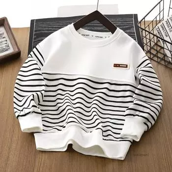 Весенне-осенний детский свитшот для детей, мальчиков, свитшот на молнии до середины, в полоску, с лацканом, топы с круглым вырезом для детей среднего и старшего возраста 150