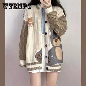 Весенне-осенний дизайн, нишевый вязаный кардиган с милым медведем, свитер, женское свободное пальто в стиле ретро, ленивое пальто XXL чёрный