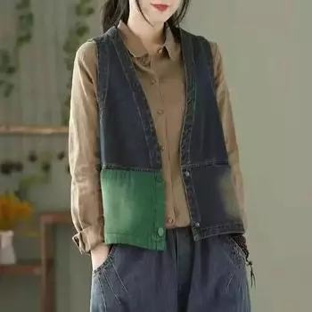 Весенне-осенний джинсовый жилет в стиле ретро с воротником в тон, женский короткий свободный старый старый жилет, жилет, верхняя одежда XXL зелёный