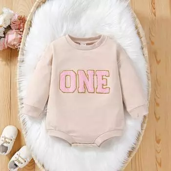 Весенне-осенний халат с длинными рукавами и вышивкой букв для маленьких девочек, короткий детский костюм для ползания, цельный наряд для дня рождения малыша L бежевый