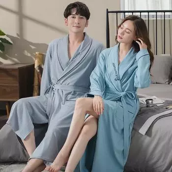 Весенне-осенний хлопковый халат унисекс - быстросохнущая, впитывающая, длинная пижама для пар Women M