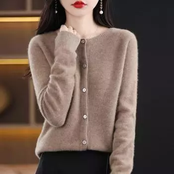 Весенне-осенний кардиган для женщин с круглым вырезом и длинными рукавами, туника, топы из чистой шерсти, трикотажная куртка больших размеров XXL белый