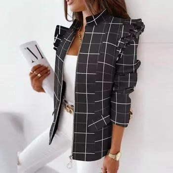 Весенне-осенний кардиган с длинными рукавами и рюшами, элегантный офисный женский пиджак с воротником-стойкой, пальто, женский клетчатый принт, топы на молнии, куртка XS