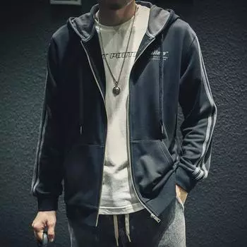 Весенне-осенний кардиган, свитер, мужской свободный, с капюшоном, трендовый бренд, большой размер, весенний тренд, повседневная куртка на молнии, тренд 2XL чёрный