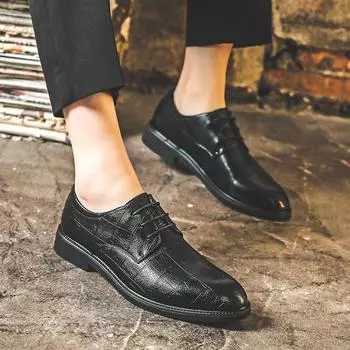 Весенне-осенний клетчатый узор повседневная корейская версия модные британские мужские деловые туфли из натуральной кожи с костюмом 66773-J 38 чёрный