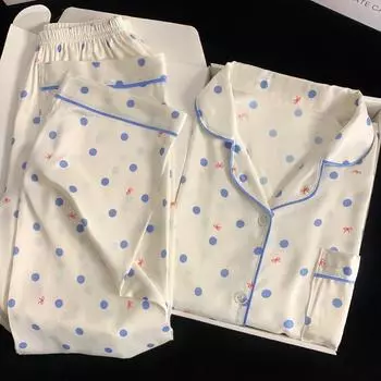 Весенне-осенний комплект домашней одежды из шелковой пижамы для девочек, свежий комплект с длинными рукавами и длинными штанами, комплект домашней одежды Premium Feeling M