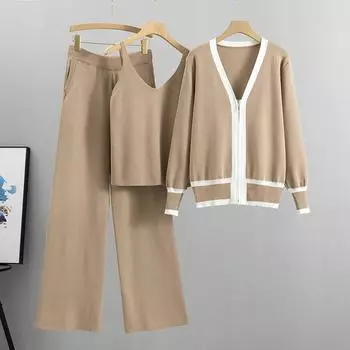 Весенне-осенний комплект из 3 предметов, женский сексуальный жилет с длинным рукавом, на молнии, вязаный кардиган, эластичный пояс, широкие брюки, женский спортивный костюм, трикотажный костюм One Size серый