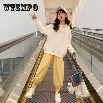 Весенне-осенний комплект из двух предметов для девочек, удобный дышащий пуловер с принтом, модный свитер с лацканами, повседневный брючный костюм 170