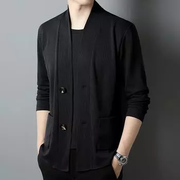 Весенне-осенний комплект из двух предметов с лацканами, кардиган с длинными рукавами, мужская футболка, красивая газовая рубашка в корейском стиле, персонализированная мужская модная куртка M