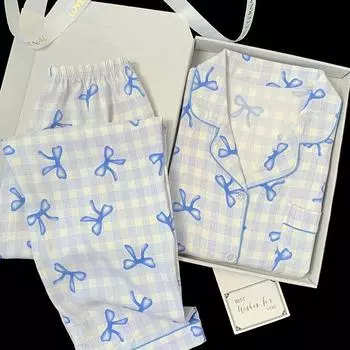 Весенне-осенний комплект из двух предметов женской пижамы, домашняя одежда, облака из хлопка, брюки с длинными рукавами, милая домашняя одежда с бантом M