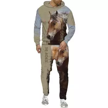 Весенне-осенний комплект мужских брюк с капюшоном с 3D принтом лошади, толстовки, спортивная одежда, спортивный костюм, модный мужской костюм с длинными рукавами 4XL