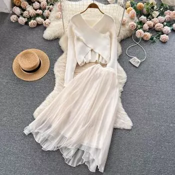 Весенне-осенний комплект вязаного свитера, женский пуловер с v-образным вырезом и длинной сетчатой юбкой миди, повседневный пляжный праздничный костюм из двух предметов One Size бежевый