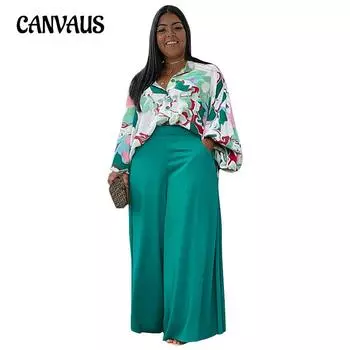 Весенне-осенний комплект женских рубашек и брюк, свободный комплект больших размеров, повседневная рубашка с принтом, топ, широкие брюки